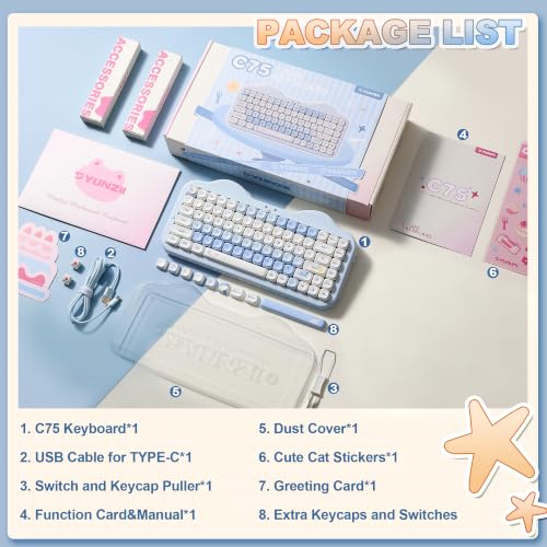YUNZII C75 Cute 75% Wireless Mechanical Keyboard (Blue, Milk V2 Switch) | Creamy Cake Keyboard, BT5.0/2.4G/USB-C, Hot-Swap, NKRO, PBT MOA Keycaps,5500mAh RGB Gasket Mount for Mac/Win/Gaming/Office - color: Blue, size: Milk V2 Switch
