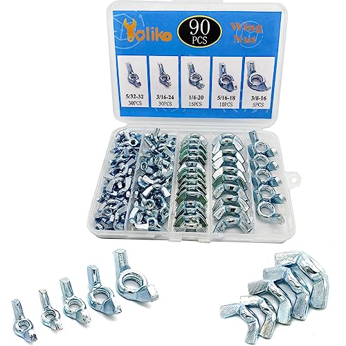 90 Pcs 5 Sizes 5/32",3/16",1/4",5/16",3/8" Wingnuts, Quality Carbon Steel Wing Nuts Zinc Plated Fasteners Parts Butterfly Nut, Hand Twist Tighten Hardware Nuts Butterfly Wing-Nut Assorted Kit - size: 5 Sizes (5/32", 3/16", 1/4", 5/16", 3/8") - 90 Pcs