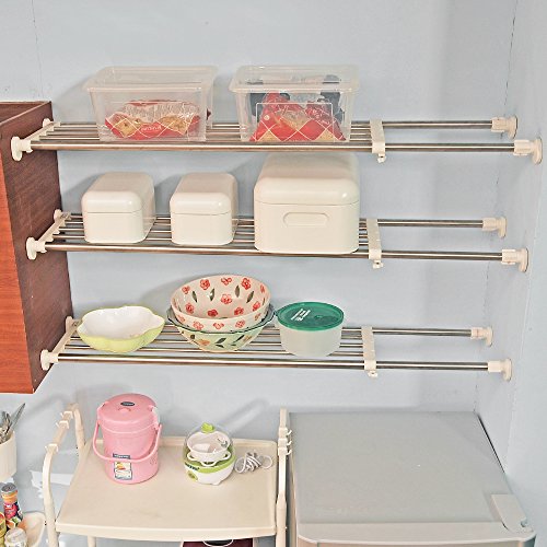 BAOYOUNI Tension Closet Shelf Heavy Duty Organizer Rack Stainless Steel Expandable Storage Shelves Rod Ivory, 39.76-60.04 Inch - size: (38.98-60.24) IN