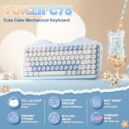 YUNZII C75 Cute 75% Wireless Mechanical Keyboard (Blue, Milk V2 Switch) | Creamy Cake Keyboard, BT5.0/2.4G/USB-C, Hot-Swap, NKRO, PBT MOA Keycaps,5500mAh RGB Gasket Mount for Mac/Win/Gaming/Office - color: Blue, size: Milk V2 Switch