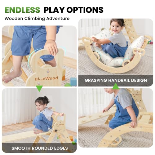 BlueWood Pikler Triangle Set with Cushion, Wooden Climbing Toys for Toddler | Foldable 8-in-1 Montessori Philosophy Toddler Climbing Toys Indoor with Reversible Ramp, Arch and Ladder - Natural Wood - color: Natural Wood