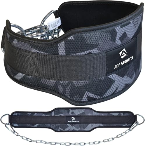 AQF Dip Belt with 36" Steel Chain - Neoprene Padded Back Support Belt | Secure Carabiners for Weighted Pull ups, Dips, Gym, Powerlifting, Bodybuilding, Squat & Fitness - color: Grey Camo
