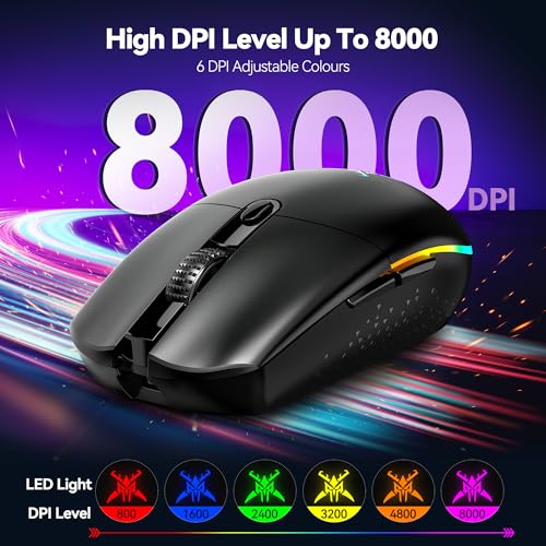 TECKNET Wireless Gaming Mouse 8000 DPI RGB Backlit Rechargeable Mouse-Black | 100Hrs Battery, Dual Mode(2.4G + USB-C) , 6 Programmable Buttons, Ergonomic Design for PC, Mac, Laptop and Gaming Setup