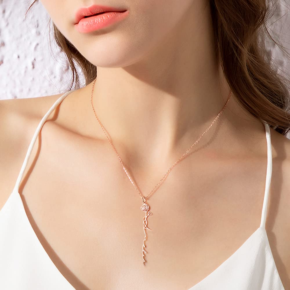 Fortheday Name Necklace Gifts for Women - Personalized Birth Flower Necklace Christmas Necklace with Birthday Month Flower Custom Jewelry Gifts for Mom Grandma Wife (Rose Gold-Birthflower)