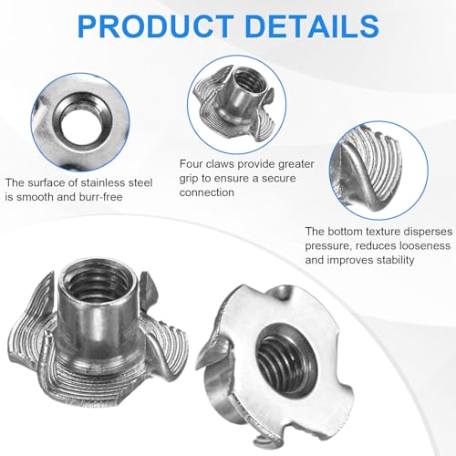 M METERXITY 10-Pack M8x10.7mm T-nut, 4-Pronged Tee Nut Threaded Insert | Stainless Steel, for Wood, Rock Climbing Holds, Furniture, Corrosion Resistant Fasteners - size: M8x10.7mm