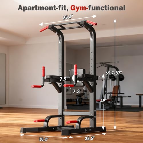 DlandHome Power Tower Pull Up Bar Station, 10 Level Adjustable Height | Heavy Duty Pull Up Dip Station for Home Gym Strength Training Equipment, Comfortable Backrest, 330LBS Weight Capacity - color: Black