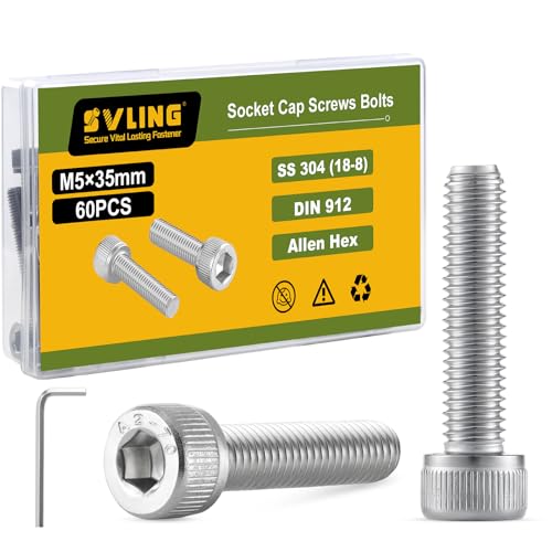 M5-0.8 x 35mm Bolt, 60PCS M5 Hex Socket Head Cap Screws Bolts, 304 Stainless Steel 18-8, Full Threads, with Hex Spanner - size: M5x35mm