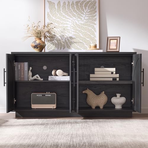 Fatmok 2-Piece Buffet Cabinet Set, Glass Display Cabinet & Solid Storage Cabinet Combo, 59” Modern Sideboard with Adjustable Shelves for Dining Room Living Room Entryway (Black Grey) - color: Ab-black Grey