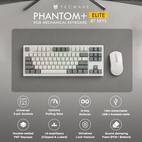 TECWARE Phantom+ Elite 87 Key RGB Mechanical Gaming Keyboard | 3 Mode Wireless Bluetooth 5.0 2.4GHz & USB C Wired | Hot Swappable 5 Pin | Double Shot PBT Keycaps | Wraith Pink Switch - White - color: Pink Switch, size: Phantom+ Elite 87 | White