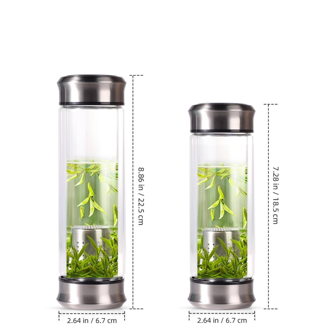 Double Wall Glass Tea Bottle with Infuser - Loose Leaf Tea Steeper, Insulated Cup, Fruit Brewer, Glass Mug With Double Lids - Portable Brewer - Water Infuser Bottle - 13.5 & 10 oz (13.5 oz)