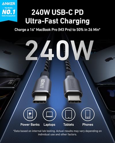 Anker Prime USB C to USB C Cable, 240W Fast Charging Cord, Upcycled-Braided Nylon with 100-Year Bend Durability for iPhone 17 Series, MacBook, Galaxy S24(6 FT) (Pack of 2) - size: 6FT (Pack of 2)