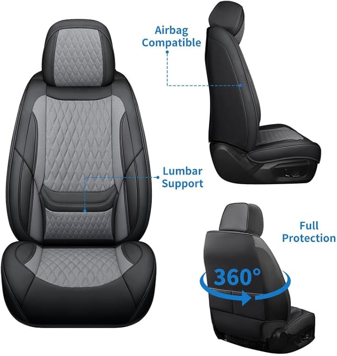 Car Seat Covers Full Set Custom Fit for Saturn Ion 2003-2010 - Premium Faux Leather with Lumbar Support | Breathable, Waterproof, Anti-Slip, Durable (Black&Gray,Full Set)