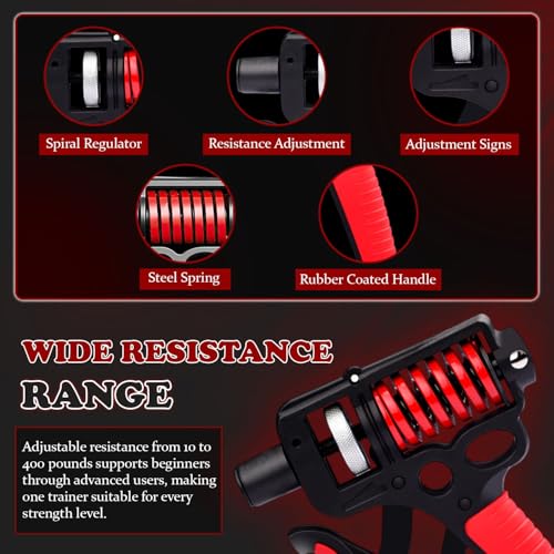Adjustable 10–400 lb Grip Strength Trainer (Premium Adjustable Grip Strengthener for Forearm Training) Alloy Frame, Titanium-Plated Steel, TPR Non-Slip Handles | Color Red