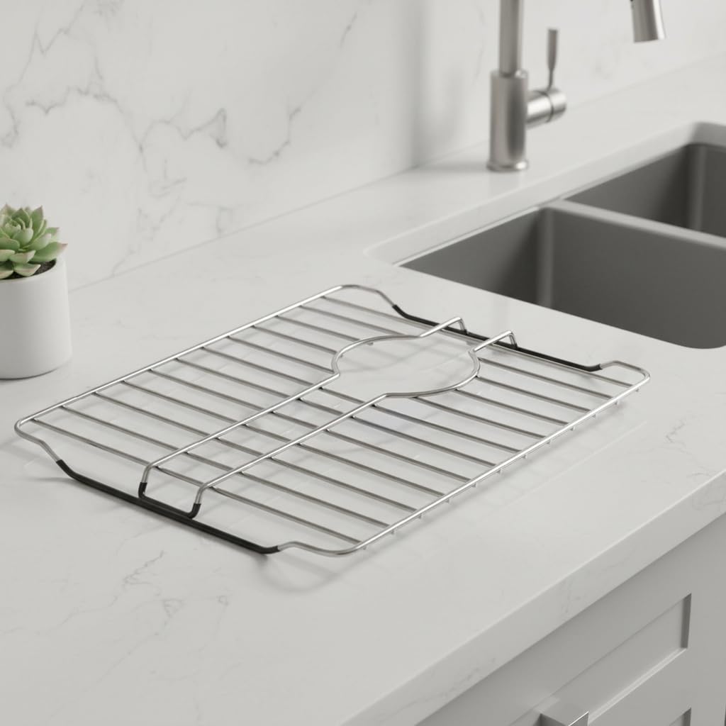 SunnyPoint 304 Stainless Steel Sink Protector Rack With Rear Drain Hole – Rust-Resistant Grid for Kitchen Sink Bottom, Scratch Prevention - Rear Drain Hole Required (14.5" X 11.2")