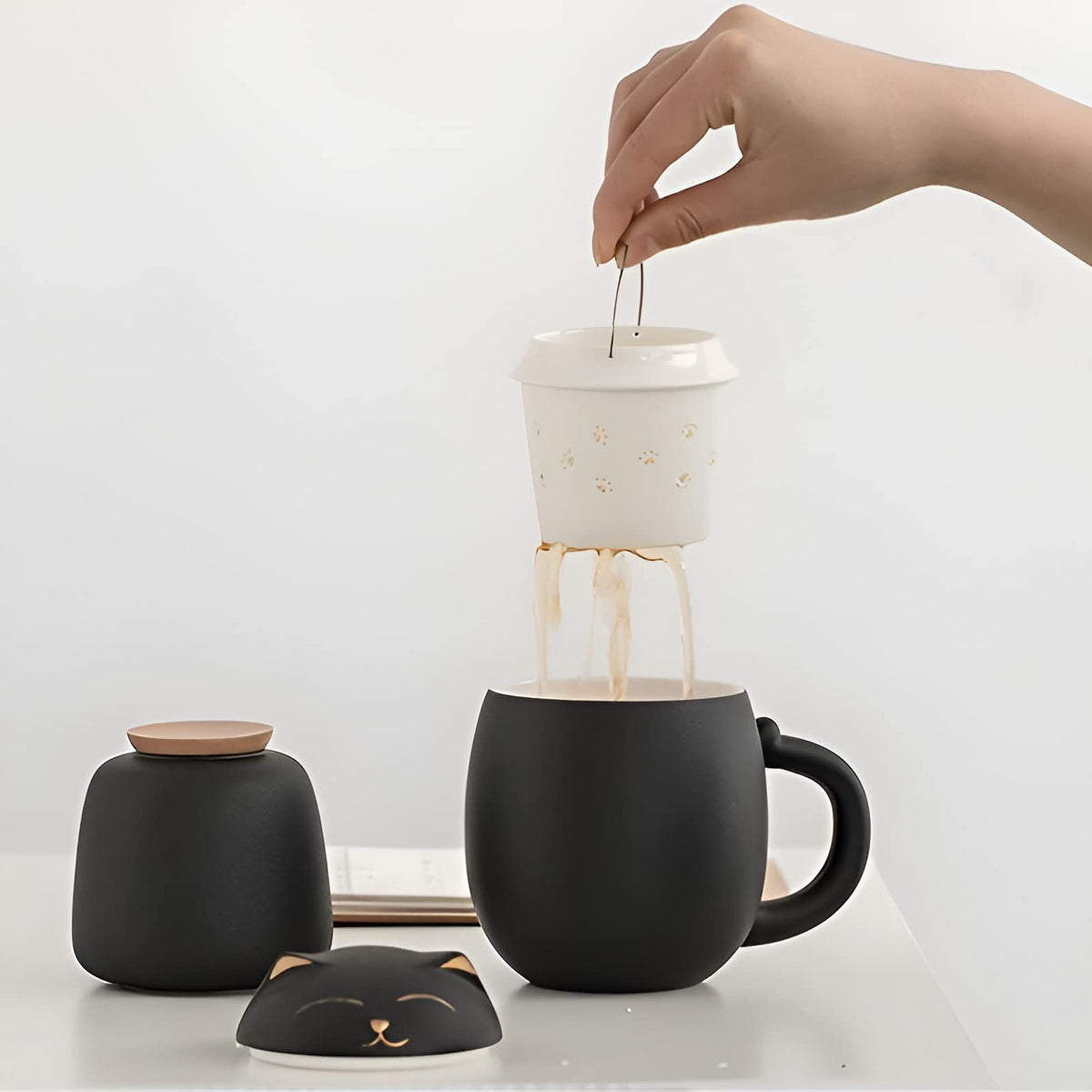 Cat Ceramic Tea Mug with Infuser & Lid Leaf Tea Cup for Home Office(Black)