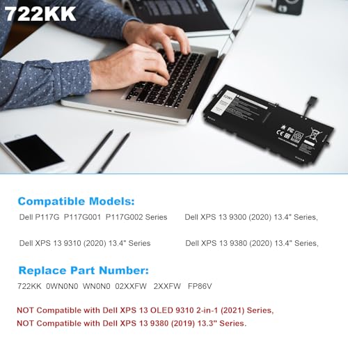 Fancy Buying 52Wh 722KK FP86V Laptop Battery for Dell XPS 13 9300 XPS 13 9310 XPS 13 9380 P117G P117G002 P117G001 Series Notebook 0WN0N0 WN0N0 02XXFW 2XXFW - size: 10.51*4.06*0.16inch