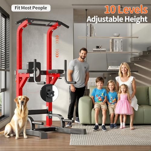 SogesPower Multi-Function Power Tower Pull Up Bar Station for Home Gym | 10-Level Adjustable Height Pull Up Bar Stand Dip Station Strength Training Workout Equipment - color: Red
