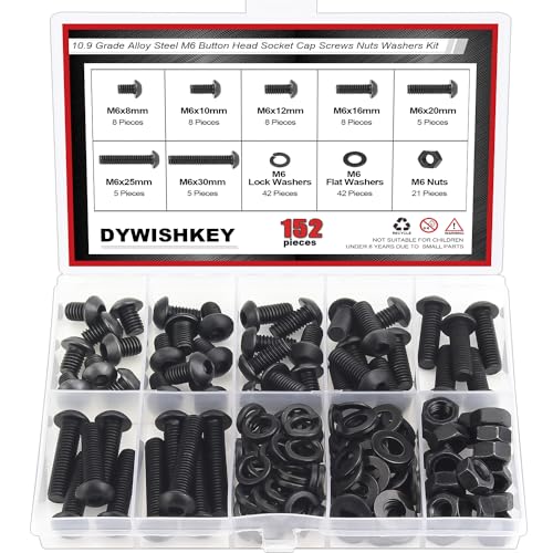 DYWISHKEY 152 Pieces M6 Black Screws, 10.9 Grade Alloy Steel M6x 8/10 /12/16 /20/25 /30mm Button Head Socket Cap Screws Bolts Nuts Washers Assortment Kit - size: M6, style: Button Head Socket Cap
