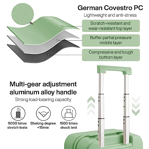 mixi Carry on Luggage, Suitcase with Spinner Wheels 16in Luggage Hardshell Lightweight Rolling Suitcases PC with Cover & TSA Lock, Avocado Green - color: Avacado Green, size: 16in Carry on