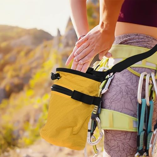 Climbing Chalk Bag, Anti-Leak Drawstring, 420D Oxford with Phone Pocket, for Rock Climbing Gym Weightlifting Bouldering(Yellow) - size: Yellow