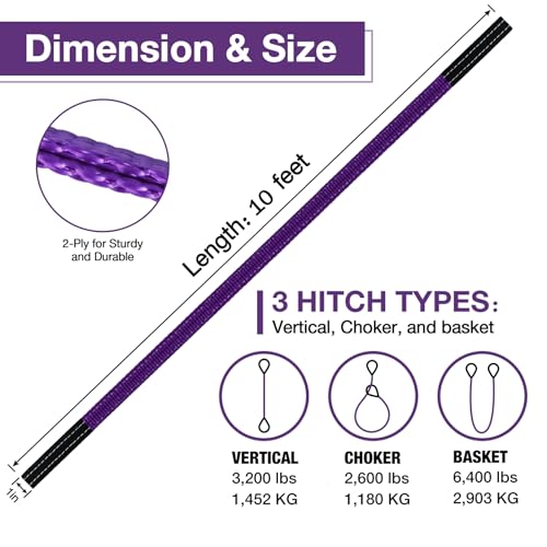 Lift Sling Straps,1" x 10' 2-Ply Heavy Duty Flat Eye Lift Slings | Lifting Sling Strap Not Nylon Tree Saver Recovery Strap Web Sling Rigging Moving Tow Hoist Gear Strap 3200 lb 2600 lb 6400 lb - color: Purple, size: 1" x 10'