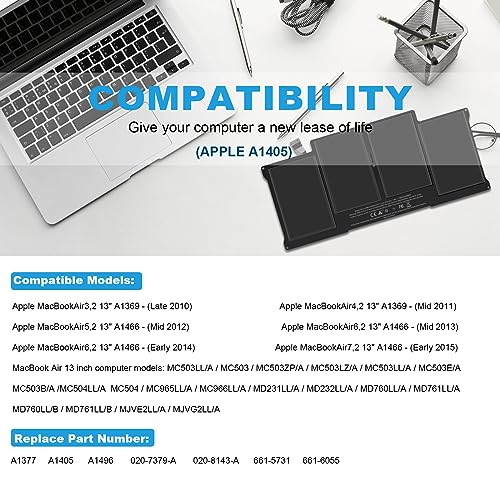 A1405 A1466 Laptop Battery for MacBook Air 13 inch A1466 (Mid 2012,Mid 2013,Early 2014, Early 2015,2017) A1369(Late 2010,Mid 2011 Version) fits A1496 A1377 (EMC :2925, 2469, 2559, 2392) [Upgraded 3.0] - size: 11.5*5.39*0.2inch