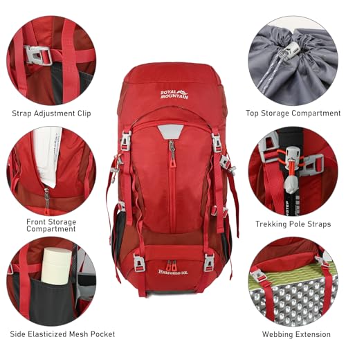 50L Hiking Camping Backpack for Men Women Lightweight Backpacking Back Pack | Waterproof Travel Outdoor Sport Climbing Daypack with Rain Cover - color: Red