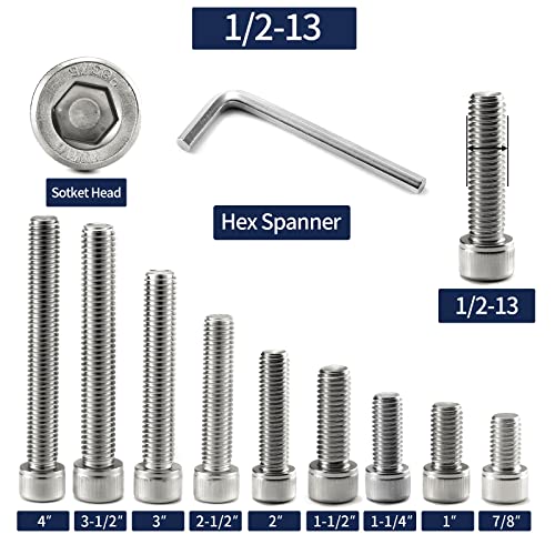 1/2-13 x 1-1/2" Socket Head Cap Screws Bolts, 20Pcs 304 Stainless Steel 18-8, Allen Socket Hex Drive, Full Thread, Bright Finish by SG TZH(with Hex Spanner) - size: 1/2-13 x 1-1/2"