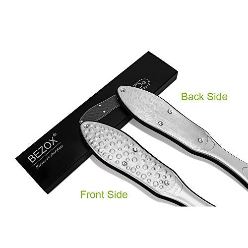 BEZOX Professional Foot File Callus Remover, Double Sided Pedicure Rasp for Cracked Heel and Dead Foot Skin - Heavy Duty Surgical Grade Stainless Steel - W/Cloth Storage Bag & Gift Box - style: Silver
