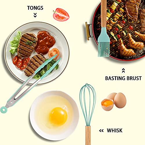 MIBOTE Silicone Cooking Kitchen Utensils Set, Wooden Handle, Teal
