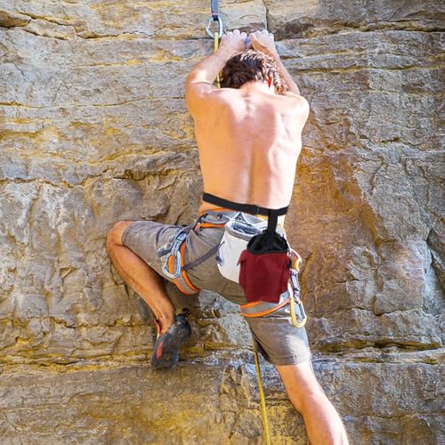 DECHOUS Rock Climbing Chalk Bag with Large Zipper Storage Pockets, Oxford Cloth Non-Slip Chalk Sack for Bouldering and Gymnastics, Wine Red Drawstring Closure Waist Pouch for Outdoor