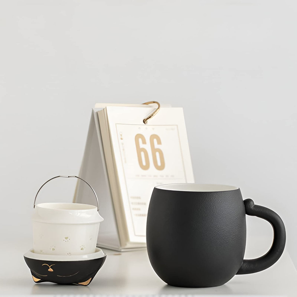 Cat Ceramic Tea Mug with Infuser & Lid Leaf Tea Cup for Home Office(Black)