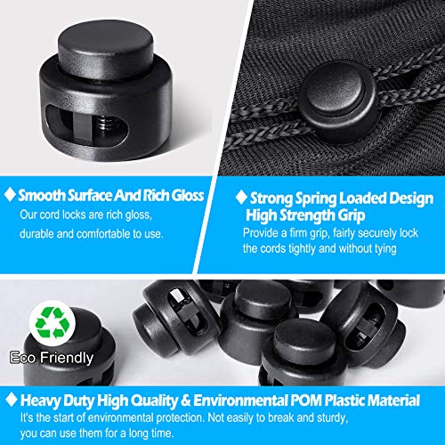 AQRINGO Plastic Cord Locks Double Hole Spring Toggle Stopper for Shoelaces, Drawstrings, Paracord, Bags, Clothing, Black
