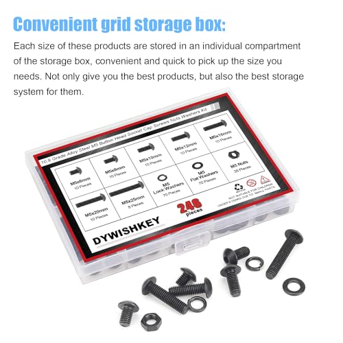 DYWISHKEY 246 Pieces M5 Black Screws, 10.9 Grade Alloy Steel M5x 6/8 /10/12 /16/20 /25mm Button Head Socket Cap Screws Bolts Nuts Washers Assortment Kit - size: M5, style: Button Head Socket Cap