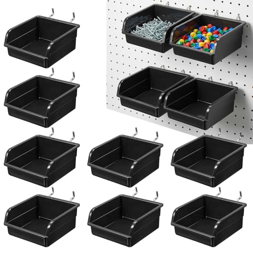 12 Pack Black Pegboard Bins with Metal Hooks, Heavy Duty Slatwall Bins Plastic Storage Organizer Pegboard Tools Organizer for Garage Workshop Craft Room Hardware Tools