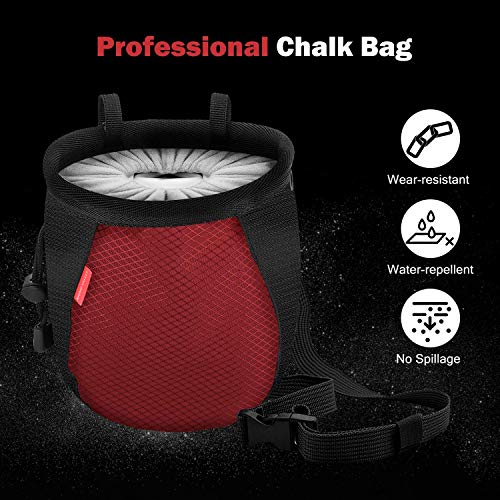 Rhino Valley Climbing Chalk Bag, No Leak Drawstring Chalk Bag with Adjustable Belt, Carabiner Clip and Zippered Pockets Chalk Bag for Rock Climbing, Cross Fit, Weight Lifting & More - color: Black/Red