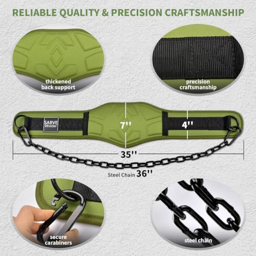 Dip Belt for Weightlifting - 12mm Neoprene Padded Weight Lifting Belt with 36IN Heavy Duty Steel Chain, Weighted Pull Up Belt for Dips, Squats, Strength Training, Men Women - color: Green