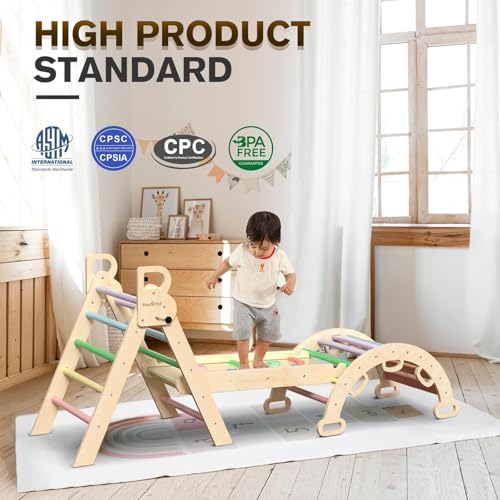BlueWood Pikler Triangle Set with Safe Handle, Climbing Toys for 1-3 Year | Foldable 7-in-1 Montessori Toddler Climbing Toys Indoor, Wooden Pickler Climbing Set, Baby Jungle Gym & Playground, Rainbow - color: Rainbow