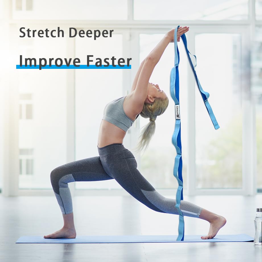 Stretching Strap Yoga Strap with Loops, Stretch Straps for Physical Therapy, Non-Elastic Exercise Strap for Pilates, Dance and Gymnastics with Workout Guide - color: Black+Blue/Light Blue