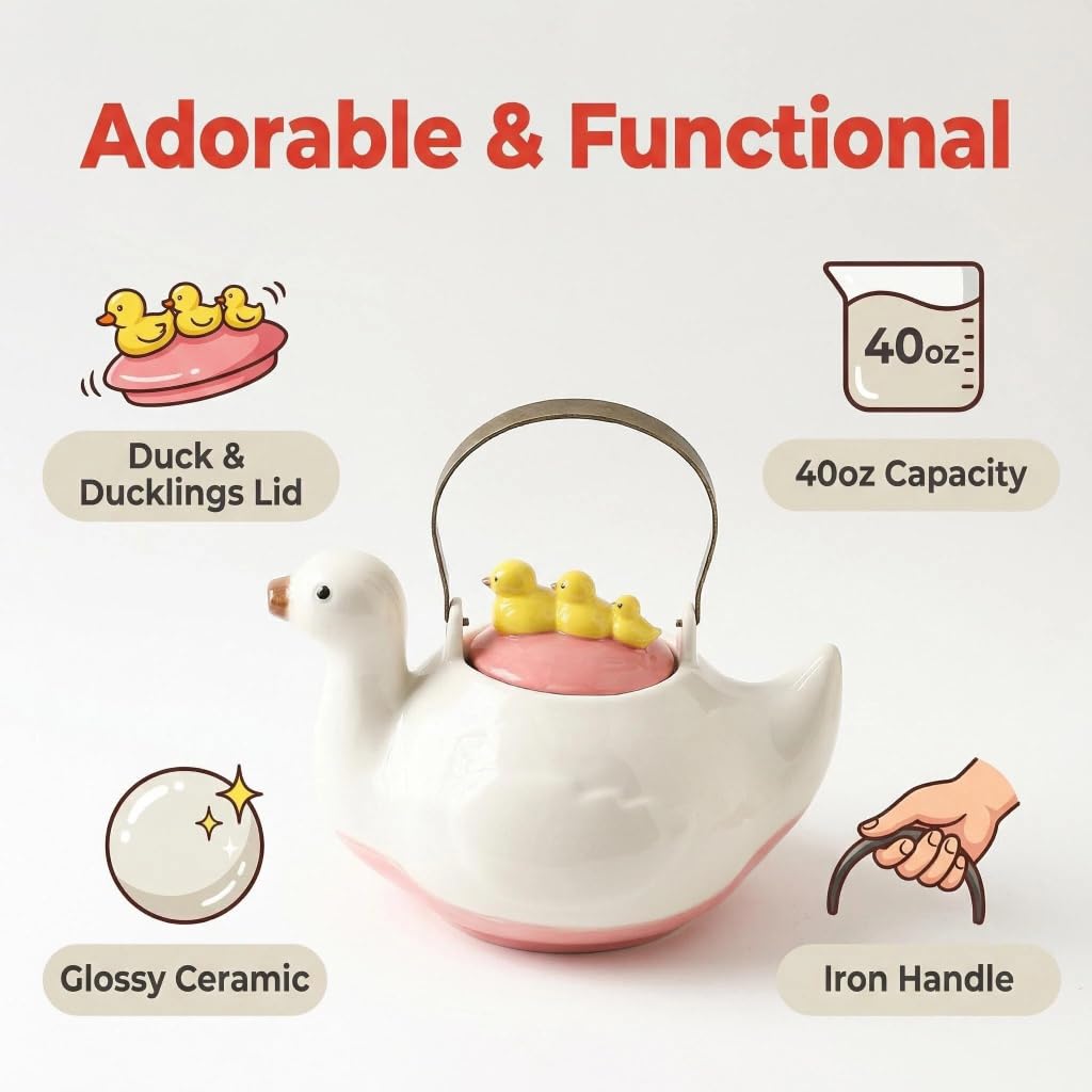 WUYIAZHI Cute Duck Ceramic Teapot, 40 oz, Iron Handle