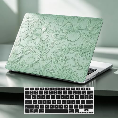 Floral Case for MacBook Pro 14 inch M5 2026-2021 M4 M3 M2 M1 Pro Max, Green | Vintage Flowers Textured Leather Hard Case+Keyboard Cover, Model A3426 A3427 A3434 A3112 A3185 A3401 A2918 A2992 A2779 A2442 - color: #2 Midnight Green