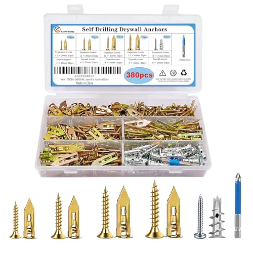 380pcs Self Drilling Drywall Anchors with Screws, 5 Different Sizes Zinc Plated Steel Self-Drilling Anchors Set, Easy Application No Drill or Holes in Wall