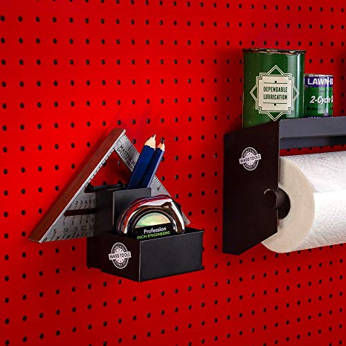 Pegboard Tape Measure Holder Organizer, Pencil Box & Square Holder, Black | 16 Gauge Steel Peg Board Organizer Accessories with Heavy Duty 1/4" Peg Board Hooks, Pegboard Tool Organizer
