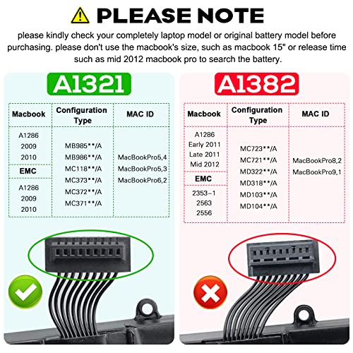 A1321 A1286 (Only for Mid 2009 Mid 2010 Version) Laptop Battery for MacBook Pro 15 Inch Battery A1321 A1286 MC371LL/A MC372LL/A MB985 MB986 MC118 020-6380-A 020-6766-B 661-5211 661-5476 661-5844 73Wh - size: 10.33*3.01*1.13inch