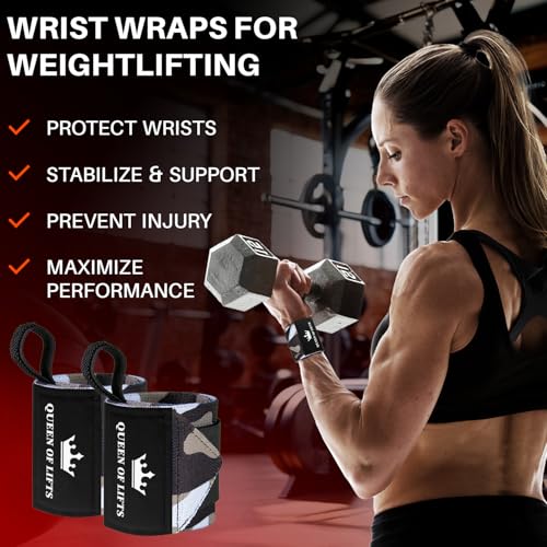 TECEUM Weightlifting 18" & 12" Wrist Wraps with Thumb Loop – Heavy Duty Wrist Workout Braces for Men and Women – Ideal for Powerlifting, Strength Training, Bodybuilding - color: Black Camo, style: 12" – Queen of Lifts