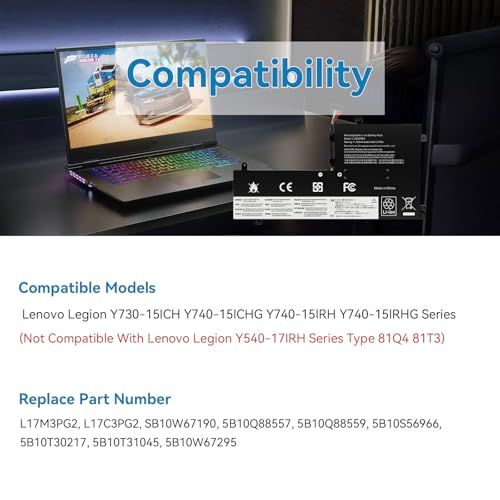 ASUNCELL L17M3PG2 Laptop Battery Compatible with Lenovo Legion Y7000-2019 Y7000P-1060 Y530-15ICH-1060 Y540-15IRH Y540-17lRH Series L17C3PG2 5B10Q88555 5B10Q88559 11.52V 57Wh 4955mAh Ultra-Long Line - size: L17M3PG2 11.18 × 5.59 × 0.67 in