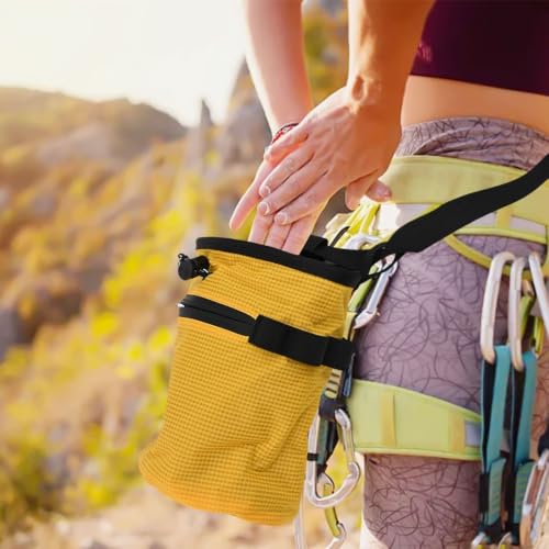 Rock Climbing Chalk Bag Featuring Stiffened Rim and Fleece Lining, No-Spill Magnesium Bag for Weightlifting Gymnastics Bouldering, 420D Fabric with Quick Clip Belt and Phone Pocket(Yellow) - size: Yellow