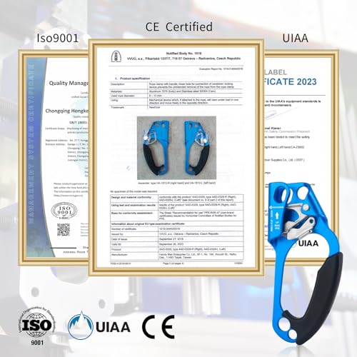 NewDoar UIAA & CE Certified Hand Ascender Rock Climbing Tree Arborist Rappelling Gear Equipment Rope Clamp for 8~13MM Rope - color: Orange-Left+Blue-Right