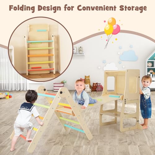 HONEY JOY 7 in 1 Climbing Toys for Toddlers, Convertible Kids Step Stool/Table & Chair/Chalkboard, Folding Triangle Climber w/Ramp, Montessori Kitchen Stool Tower for Learning w/Safety Rail (Colorful)