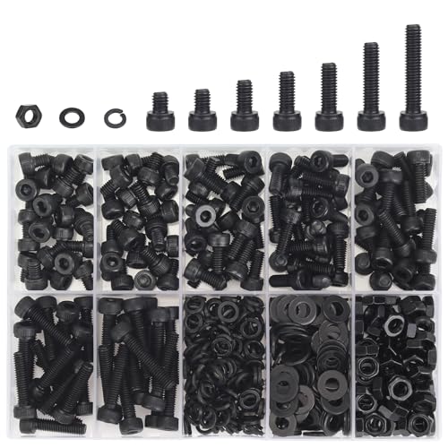 DYWISHKEY 386 Pieces M4 Black Screws, 12.9 Grade Alloy Steel M4x 5/6 /8/10 /12/16 /20mm Hex Socket Head Cap Screws Bolts Nuts Washers Assortment Kit - size: M4, style: Socket Head